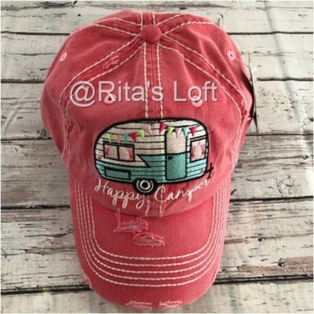"HAPPY CAMPER" Embroidered,‎ Vintage Style Ball Cap